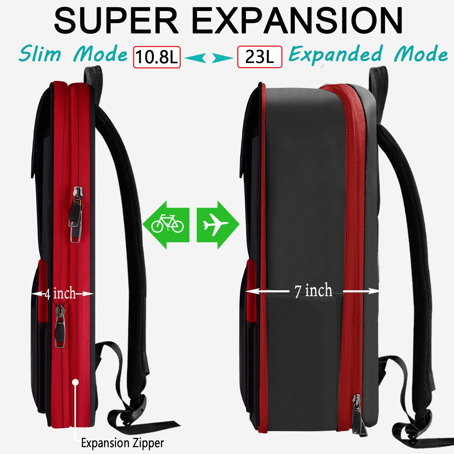 ZINZ Zaino per Laptop Sottile ed Espandibile Zaino da Lavoro da 15" 15.6" 16", Zaino da Viaggio Antifurto Ompermeabile Zaino per Libri per Uomini e Donne, Nero e rosso