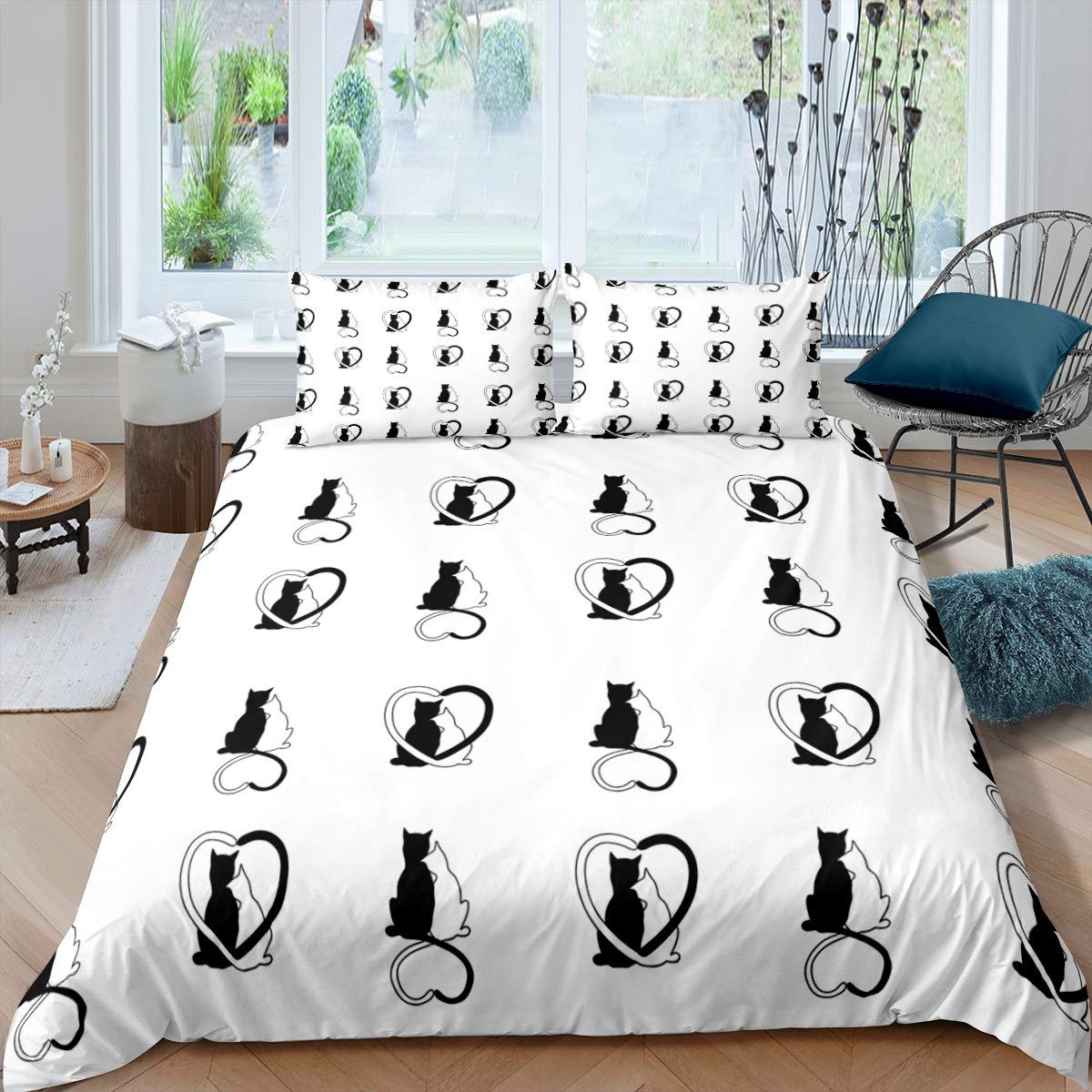 Cute Cat Bedding Set for Girls Women Couple Cartoon Kitten Print Comforter Cover Decorative Pet Cats Pattern Duvet Cover Cat Lover's Gift Bedspread Cover Black White Cat Super King 3Pcs Bedclothes — image 1