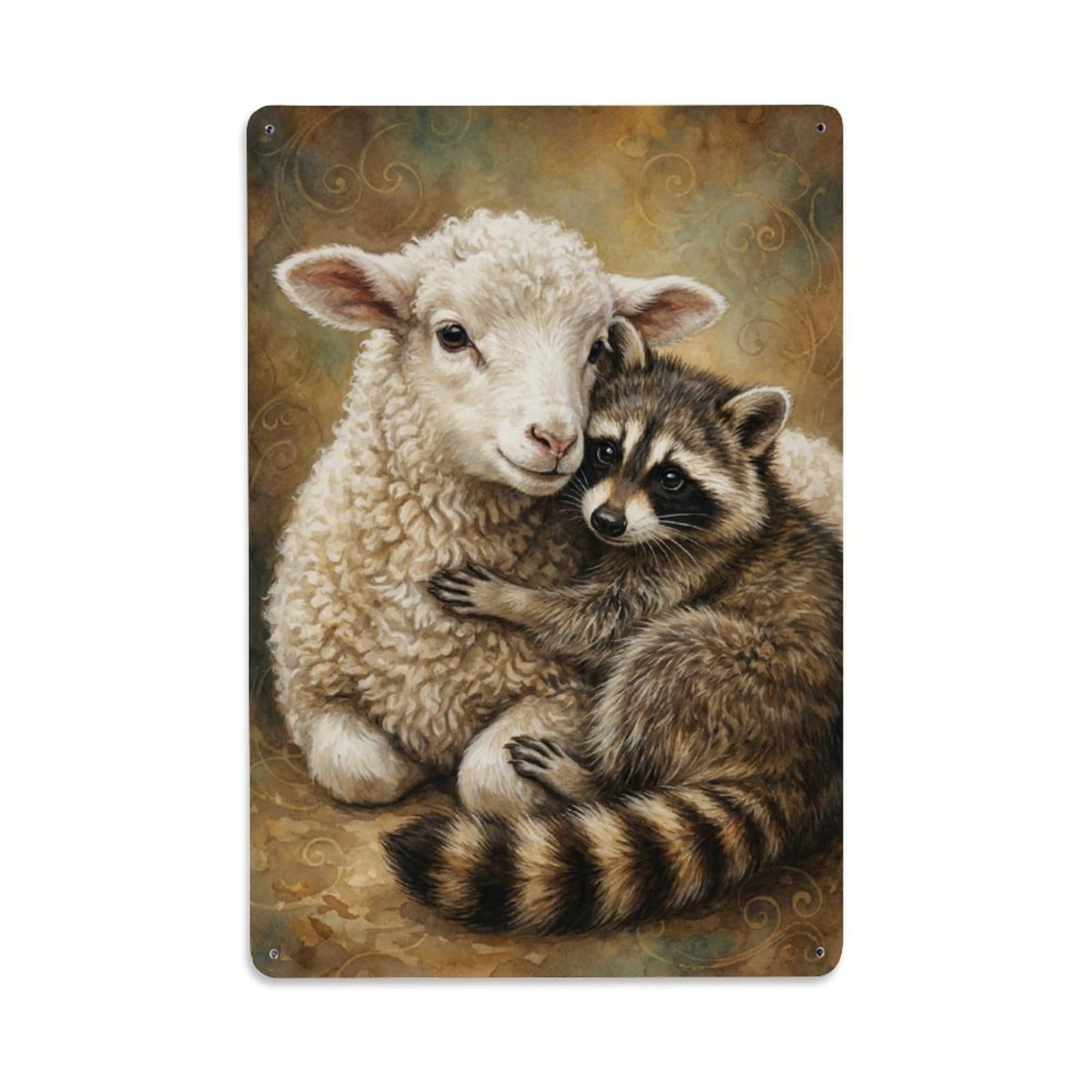Metal Tin Sign Vintage Animal Cute Lamb & Raccoon Animal Friendship