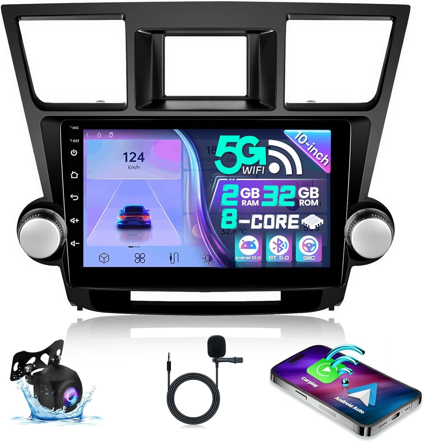 8 Core Car Stereo Radio for Toyota Highlander 2009-2014 Support JBL Carplay Android Auto 10 Inch Highlander Touch Screen 5Ghz WiFi 48EQ FM GPS Navigation AHD Backup Camera 2+32 GB