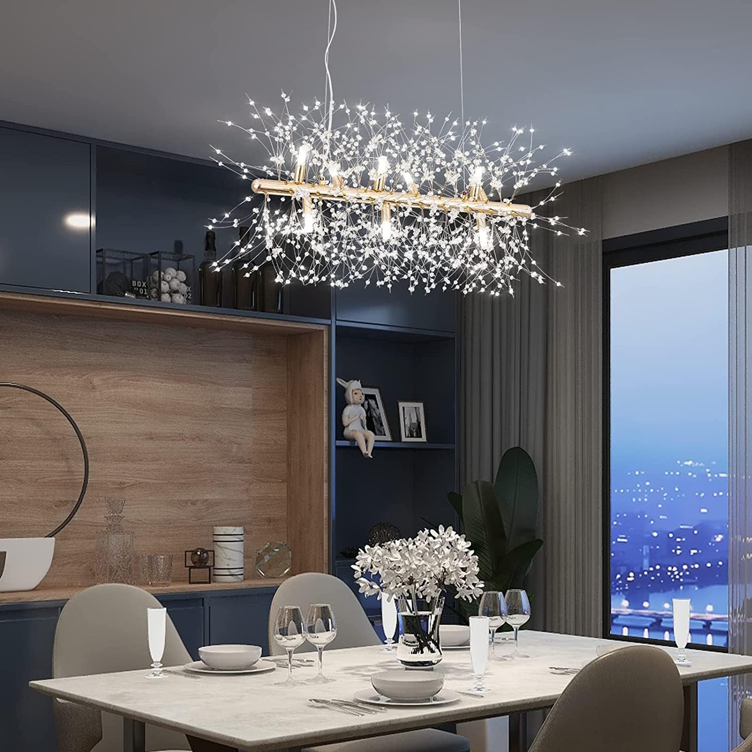 Współczesna lampa sufitowa LED Crystal Gold z 9 diodami w kształcie mniszka lekarskiego, 71 cm (28 cali), idealna do kuchni, jadalni i sypialni.
