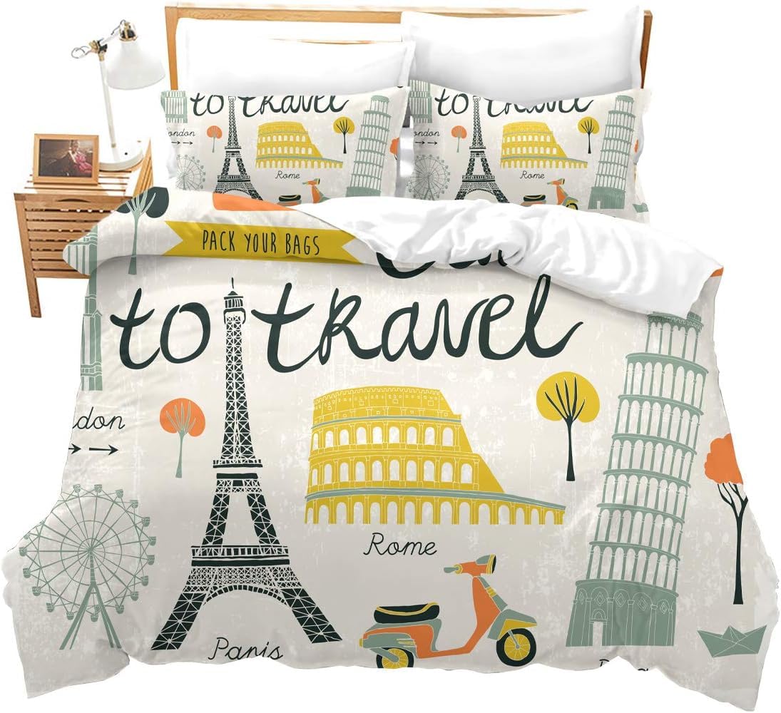 Housse de Couette 280x240 Thème Voyage Parure de Lit Enfants et Adultes Imprimé 3D Sets de Housses de Couettes en Microfibre Doux avec Fermeture Éclair et 2 Taies d'oreiller A-7742