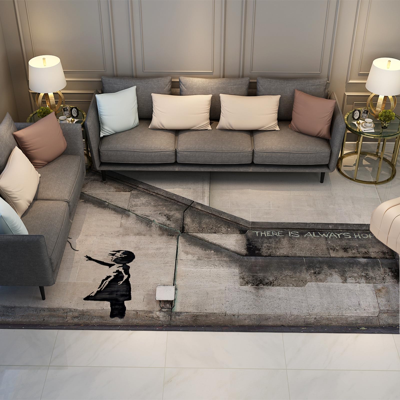 Tapis de style graffiti Banksy noir et blanc grand tapis d'entrée 120x210cm chambre et cuisine
