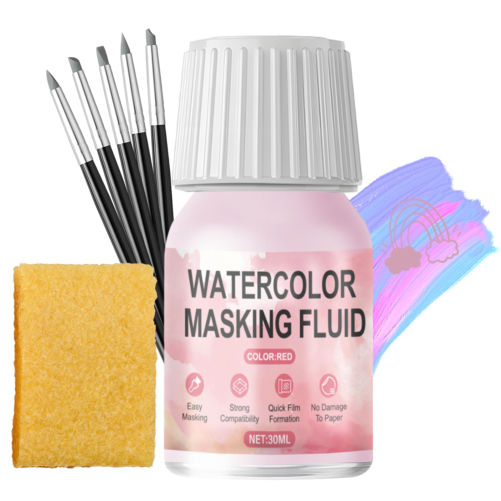 WEILAOK Masking Fluid for Watercolour Painting, masking fluid, Liquids Maskings Fluid Include 5 Pen, Liquid Masking Tape, Keeps Areas Free of Colour and Edges Crisp, Pink - 30ml