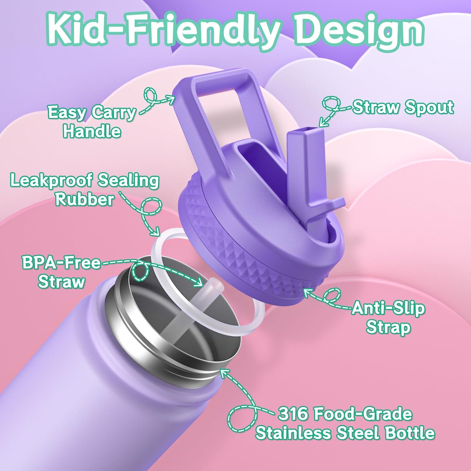 baab 18oz Kids Water Bottle, Insulated Water Bottle with Straw & Stickers, 18/8 Stainless Steel Vacuum Leakproof Kds Water Straw Cup for School, Perfect for Boy Girl (Purple, 1 Pack) - Image 3
