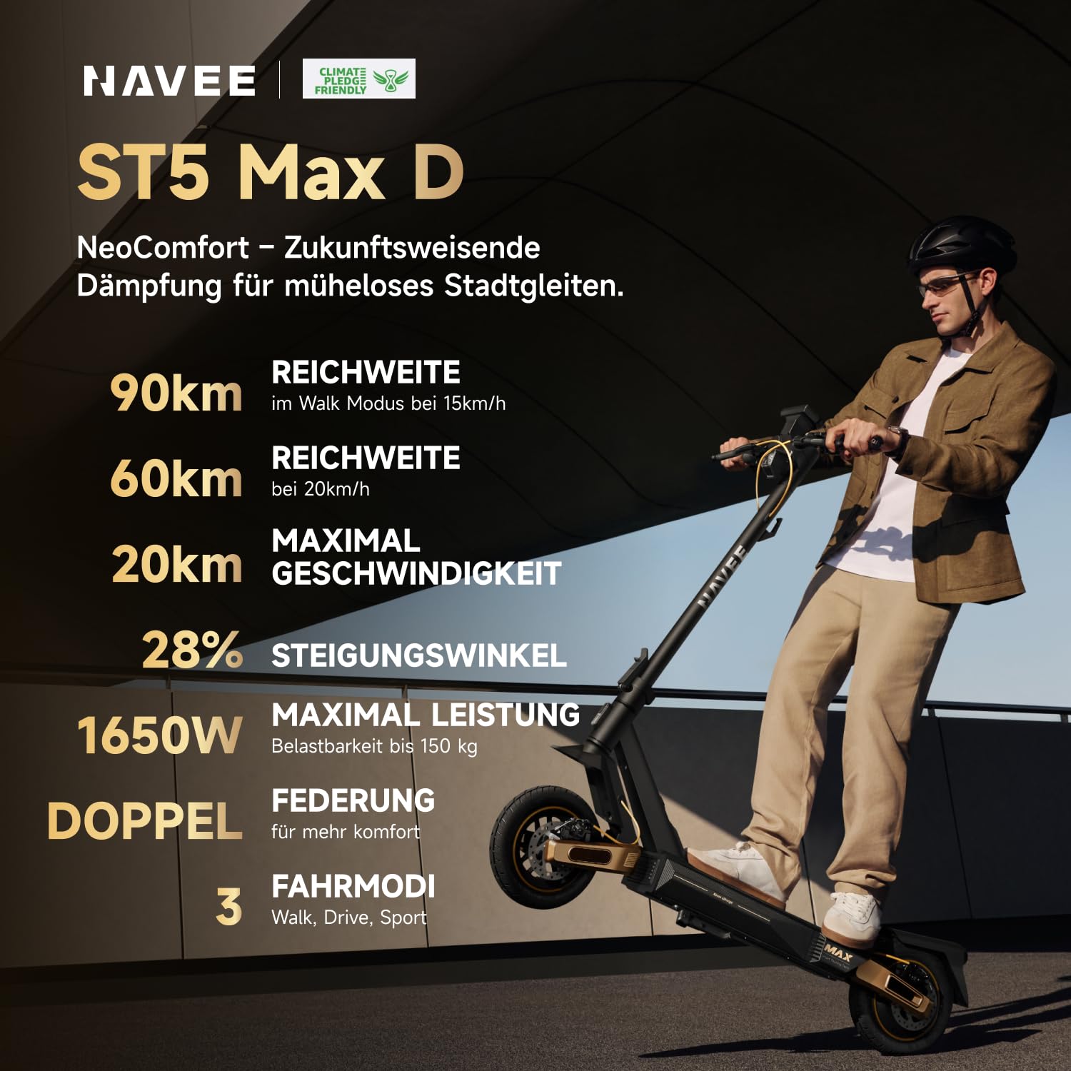 NAVEE GT3 und ST3 Serie E-Scooter 350W-400W, 50 km-90 km Reichweite | Vierfach-Federung | Klappbar (54 cm) mit IPX5,Steigungen 18%-22%