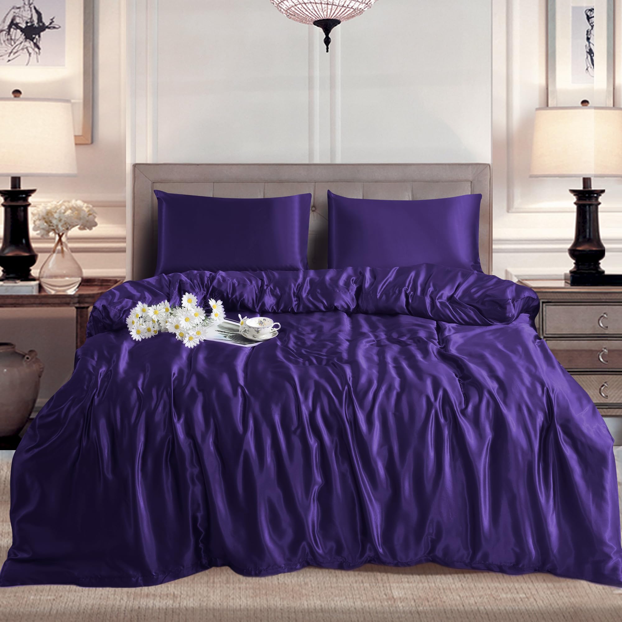 SAIMAZ Luxury Satin Duvet Cover Set with 2 Pillowcases – Silky Soft Bedding Set – Shiny Double Bed Linen – Wrinkle-Free & Elegant Bedroom Decor (AUBERGINE, King (U.K. Standard))