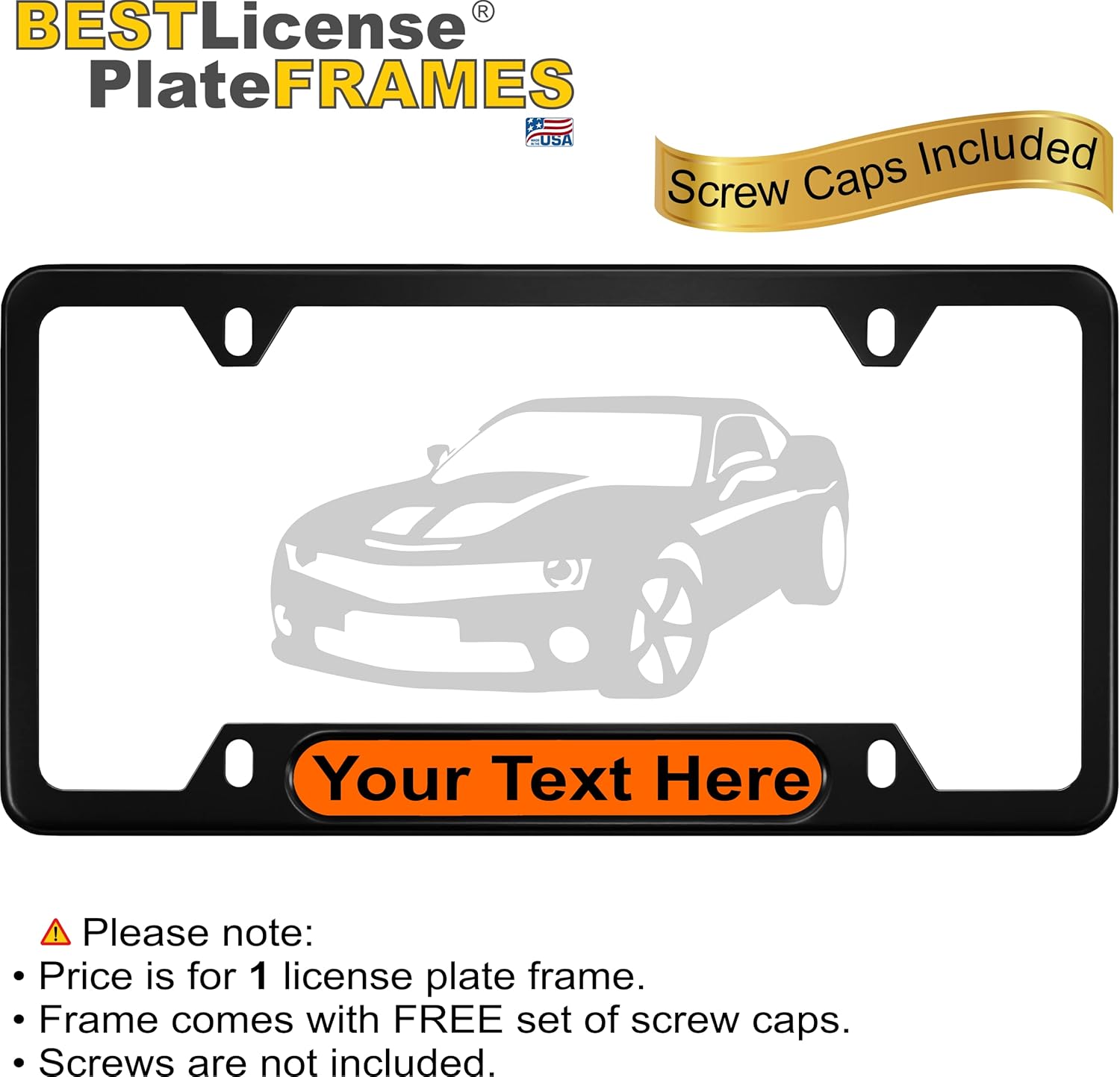Personalized with Custom Text Design Laser Engraved Standard Size - CAR Thin Top | Narrow Top Black Anodized Aluminum License Plate Frame & Free caps - Orange/Black (Qty: 1 Frame)