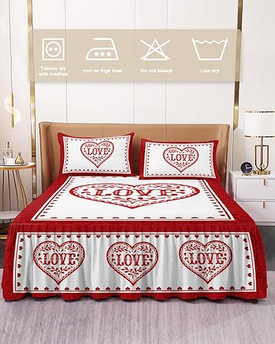 Miniatura 2 de Juego de 3 piezas de faldas de cama King con volantes y fundas de almohada, día de San Valentín, corazón rojo, falda con volantes, colcha clásica