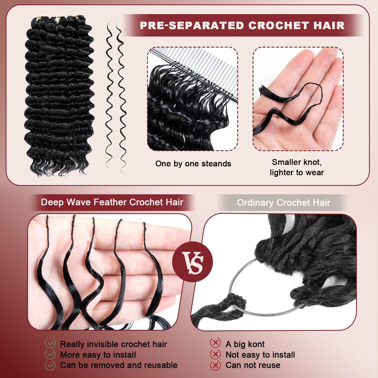 Datanala Feather Crochet Hair Extension 18 Inch 1B Miracle Knots Feather Crochet Hair Extensions for Black Women 100 Strands 180g Pre-Separated Invisible Deep Wave