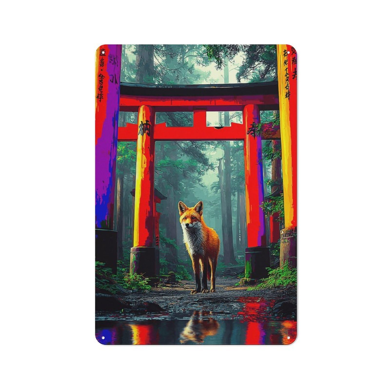 Tin Sign with Fox at The Torii Gate Design 30x20cm, Vintage Workshop Wall Decor for Tool Room, Garage, Studio Or Home Bar