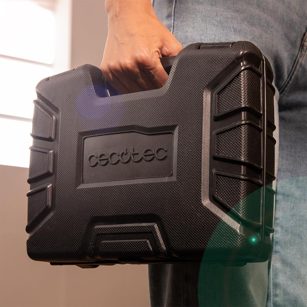 A hand holding the black carrying case for the Cecotec FixerForce 4000 Manual Riveter Kit.