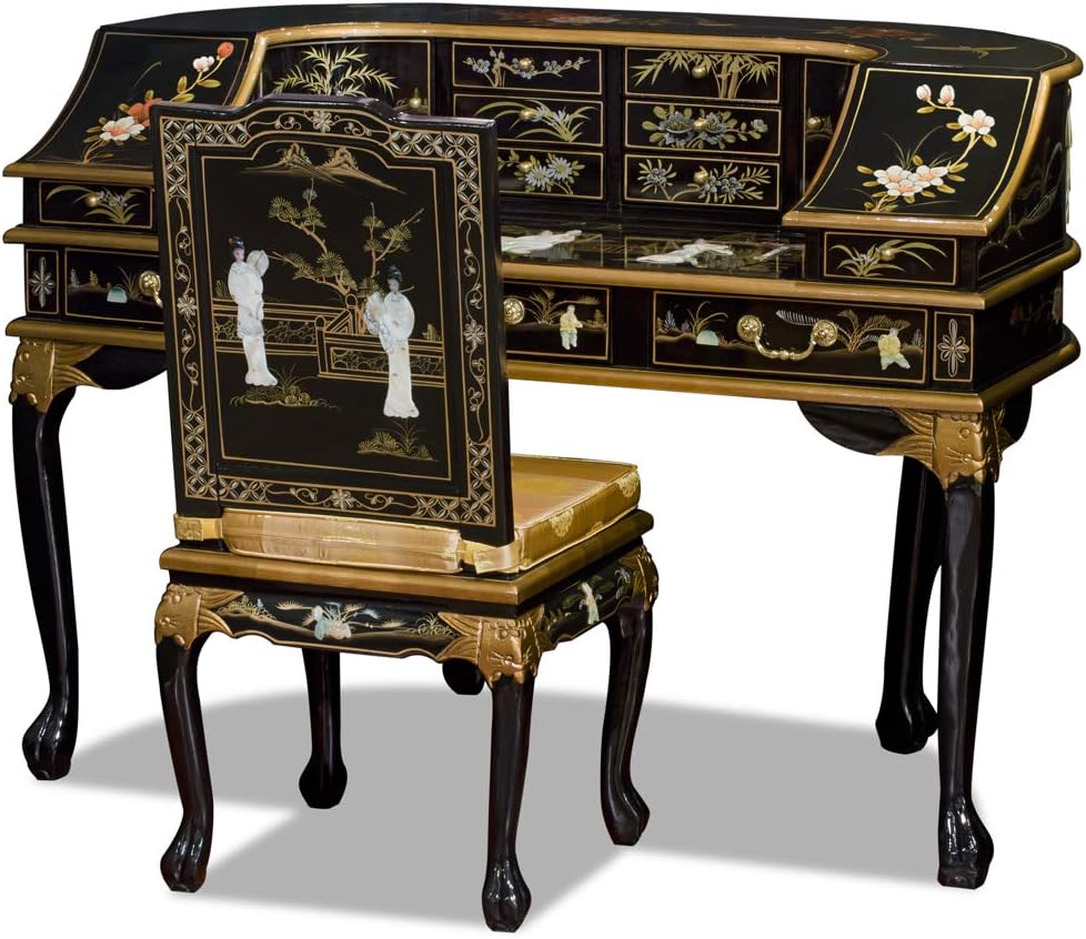 ChinaFurnitureOnline Black Lacquer Mother of Pearl Motif Harpsichord Style Oriental Desk Set