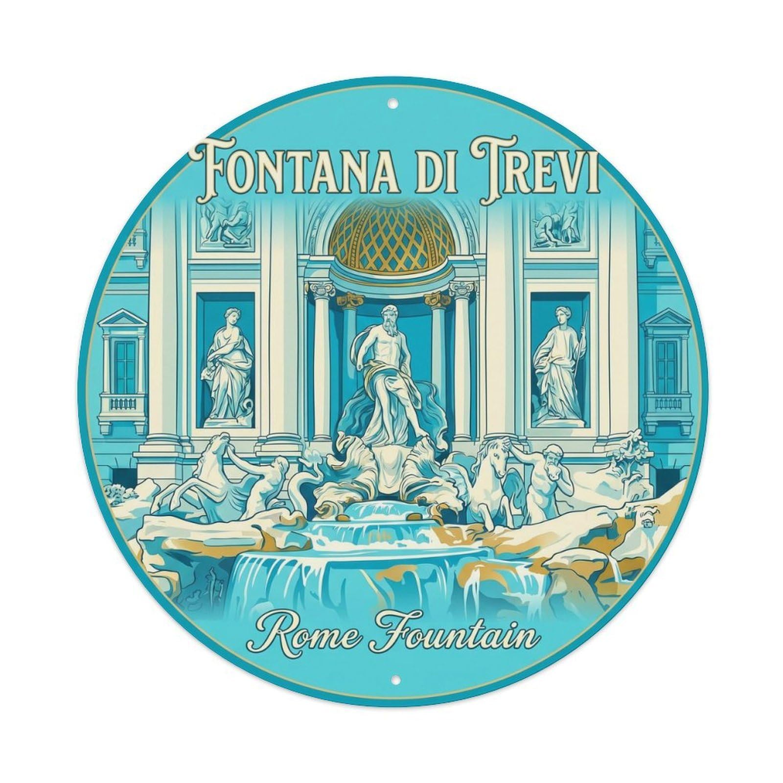 Vintage Travel Trevi Fountain Italy Metal Tin Sign Plaque Wall Decor for Cafe, Club, Garden Round Metal Poster 8x8Inch
