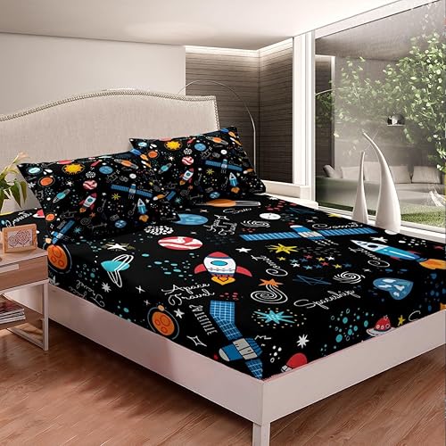 Miniatura 3 de Juego de sábanas para niños y niñas, tamaño King, diseño de cohete espacial para niños y niñas, diseño de planetas universales de dibujos animados,