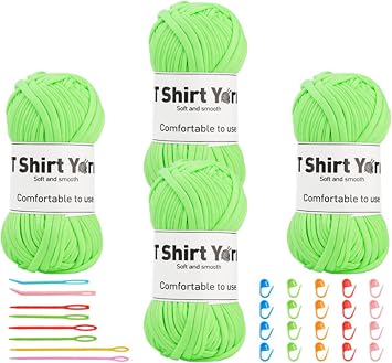 4PCS T Shirt Yarn for Crocheting Elastic Ribbon Thick Crochet Fabric, Knitting T-Shirt Yarn Set for Crochet Bag/Blanket/Basket, DIY Crafts Projects, Home Decor Fluorescent Green
