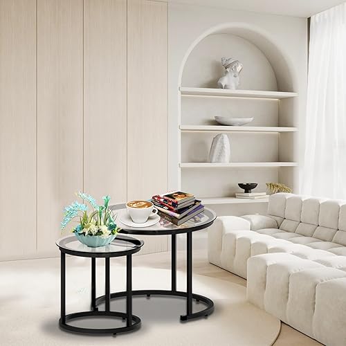 Miniatura 93 de aboxoo Juego de 2 mesas auxiliares blancas con marco dorado, circulares redondas y con patrón de mármol, mesas de madera, sala de estar, dormitorio,