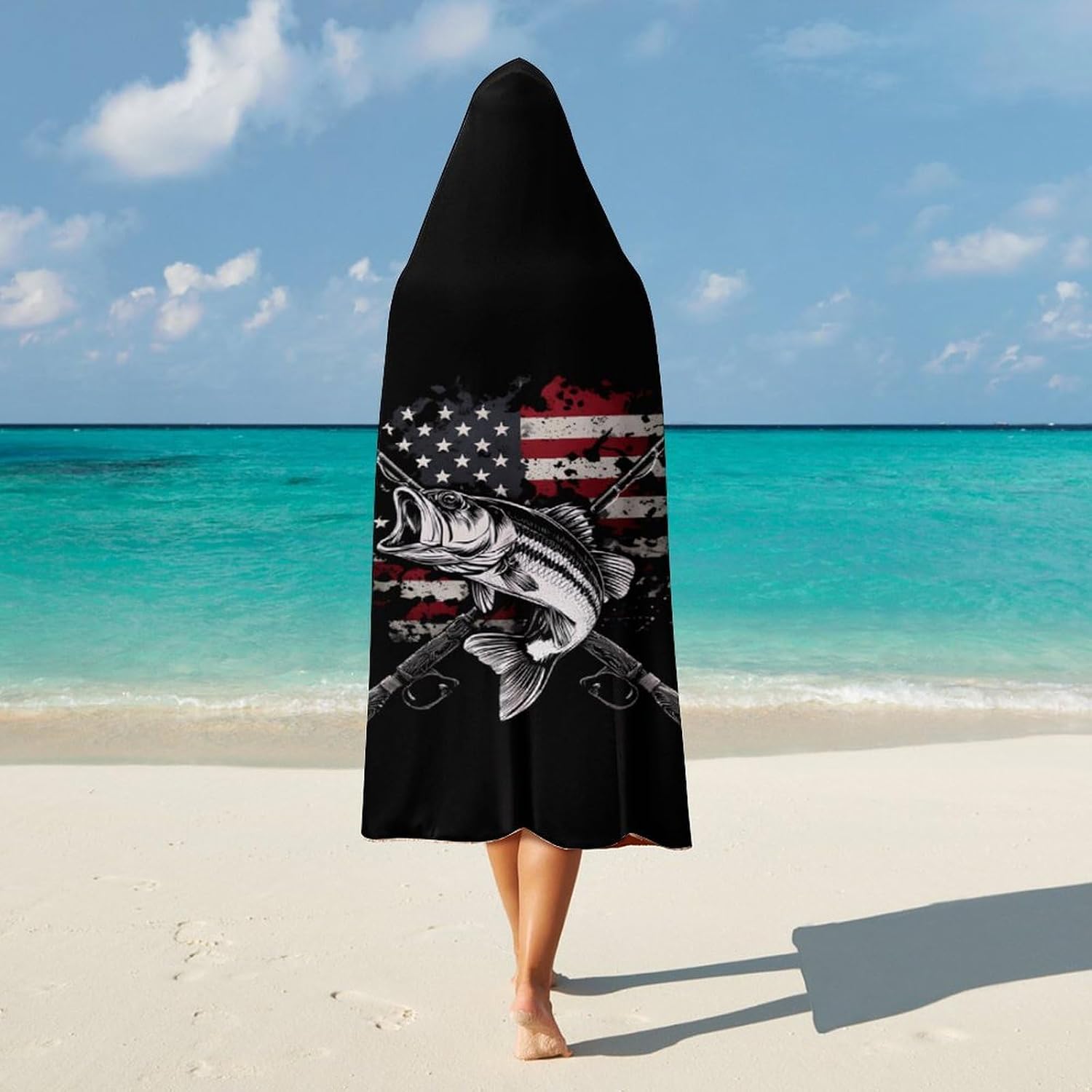 Flag of USA Bass Fishing Wearable Blanket Oversized Throw Cape | Cozy Hooded Blanket Gifts for Women Men