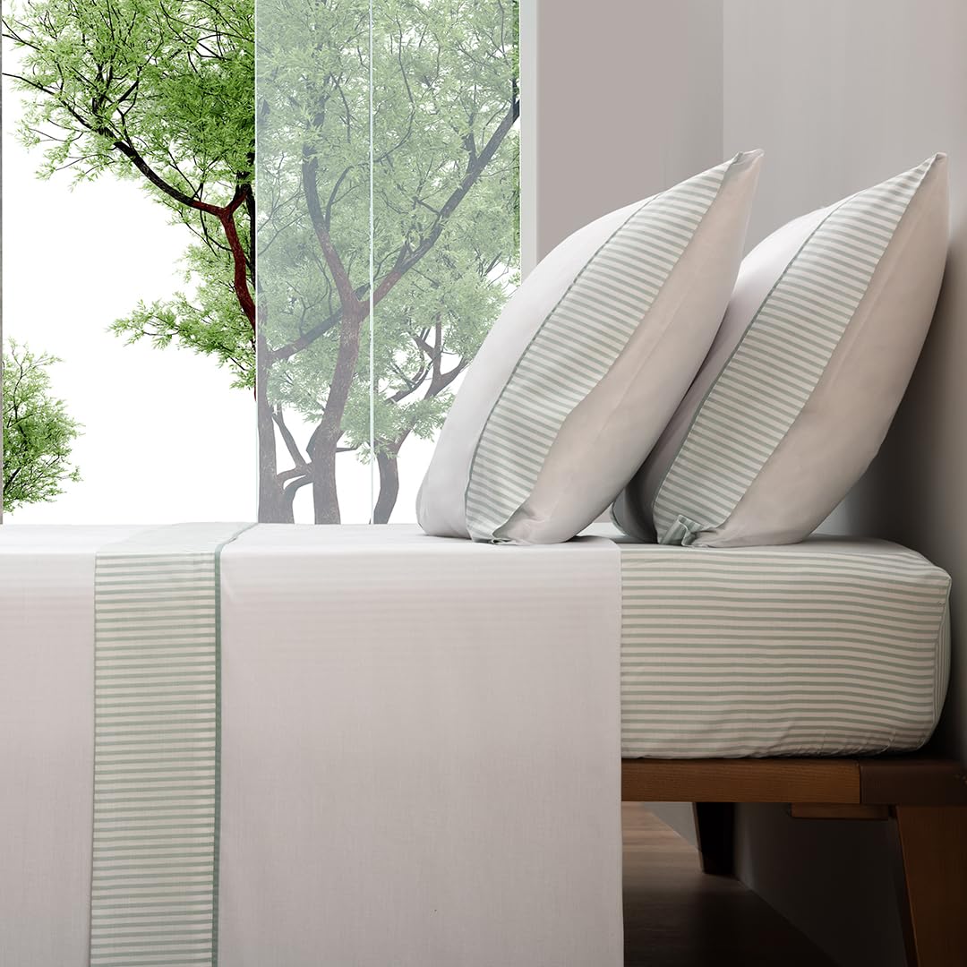 Sábanas Verde Agua Rayas Sábanas de 200 Hilos para Cama 180-100% Algodón Suave - Sábana Encimera, Sábana Bajera Ajustable y Dos Fundas de Cojines
