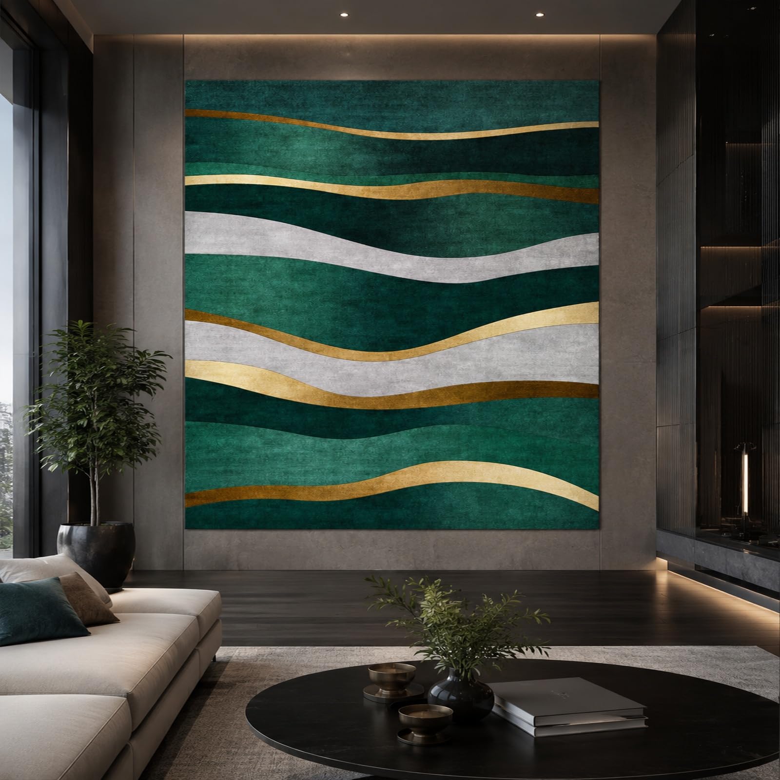 Gobeliny bardzo duże 180 x 230 cm, niestandardowy obraz logo tekst spersonalizowany gobelin wiszący na ścianie, abstrakcyjny, nowoczesny, zielony, szary, żółty, brązowy,