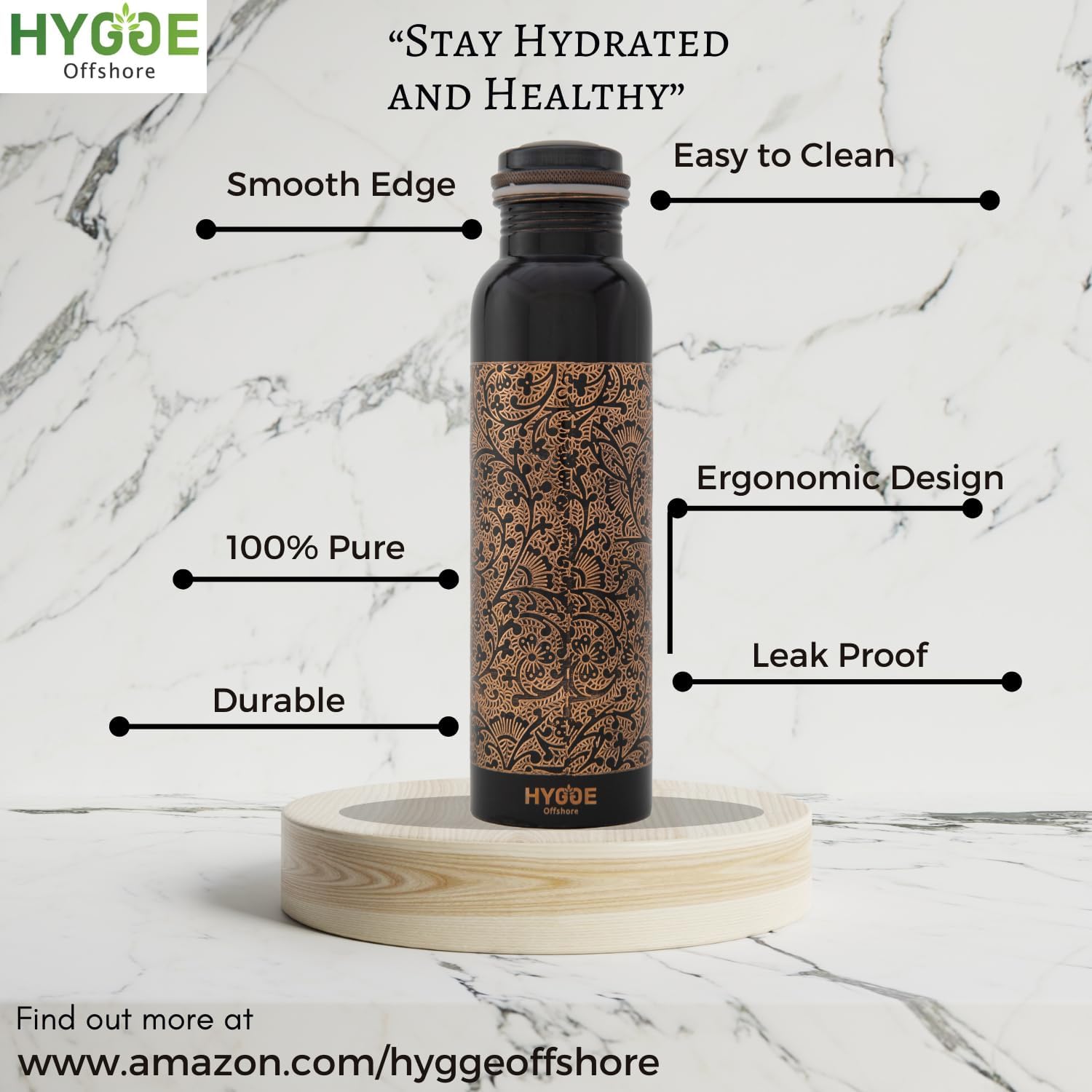 Hygge Copper Water Bottle 34Oz - Leak Proof - Ayurvedic Copper Bottle, Perfect Ayurvedic Copper Vessel For Sports, Fitness, Yoga - Natural Health Benefits - Engraved Antique D1