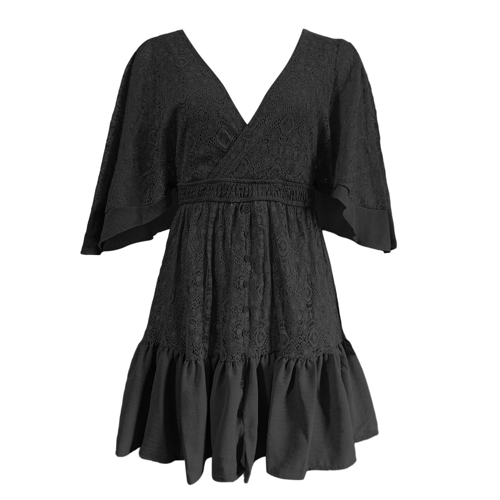 Vestido de verano 2026 para mujer, con encaje insertado, manga murciélago, vestido casual fluido, cómodo, elegante, tipo túnica, ajuste holgado, cuello en V, longitud a la rodilla, vestido de noche