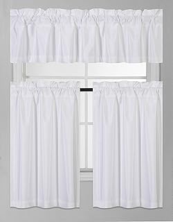 Elegant Home Collection 3 Piece Solid Color Faux Silk Blackout Kitchen Window Curtain Set with Tiers and Valance Solid Color Lined Thermal Blackout Drape Window Treatment Set #K3 (White) - Buy now