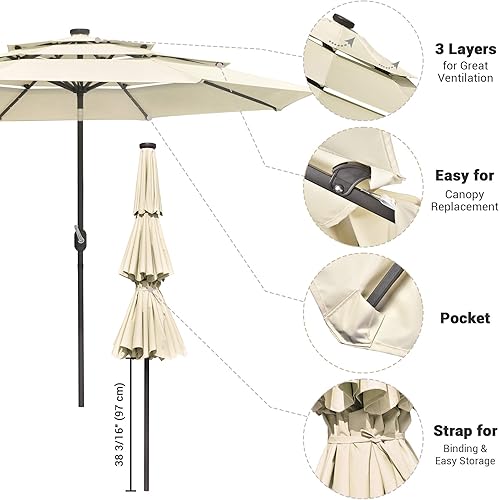 Miniatura 7 de Yescom Outdoor Solar Powered LED Patio Umbrella with Crank Tilt for Garden Backyard Deck Table Market Poolside Party Event 2-Beige,3-Negro