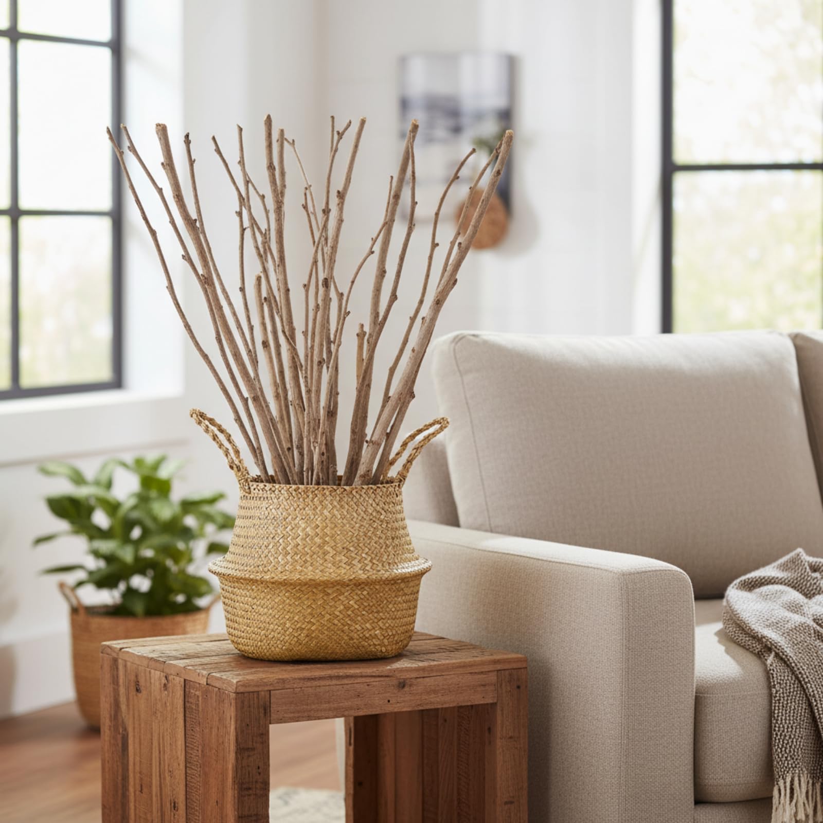 Qunclay 4 cestini in vimini intrecciato, pieghevoli, bohémien, naturali, con manici, rotondi, decorativi, per interni, per casa, esterni, fioriere per alberi (multidimensione)