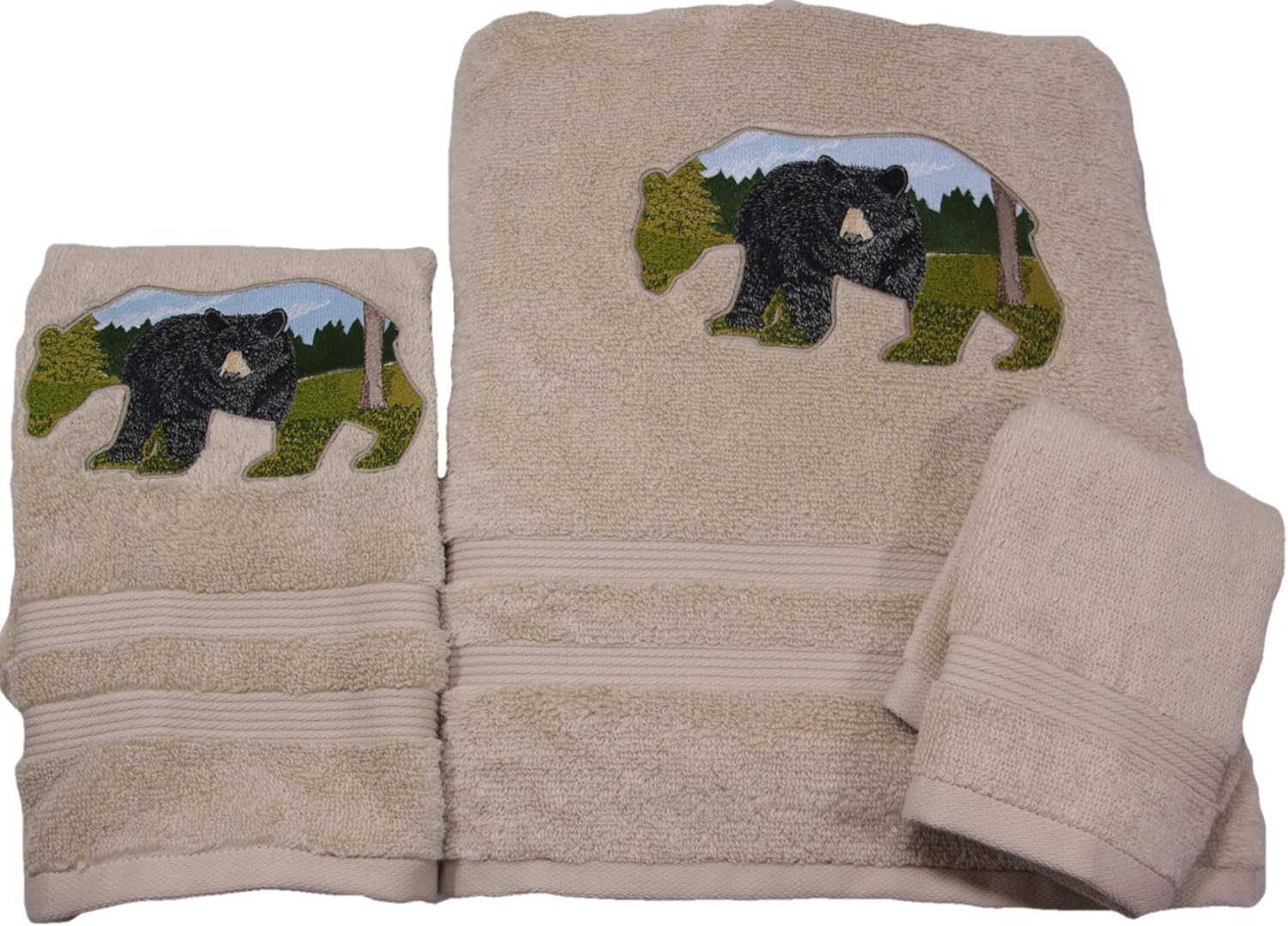Bath Towel Set with Embroidered Black Bear Outline - Beige Terry