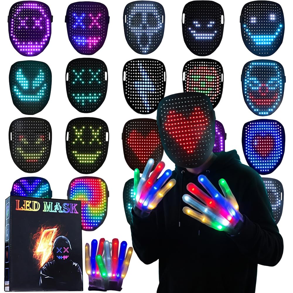 Peldris LED Mask with Gesture Sensing, Light up Mask with Gloves, 50 Patterns, USB Charging, Cool Face Transforming Mask for Halloween Costume Cosplay Party, Halloween LED Mask Gift