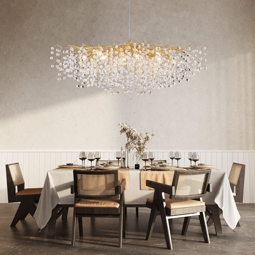 DUNFIZZ Gold Modern Crystal Chandeliers, Rectangle Snowflake Tree Branch Chandelier Luxury Ceiling Pendant Light Fixture for Entryway Dining Room Bedroom Living Room 47.2" Gold-L47.2"