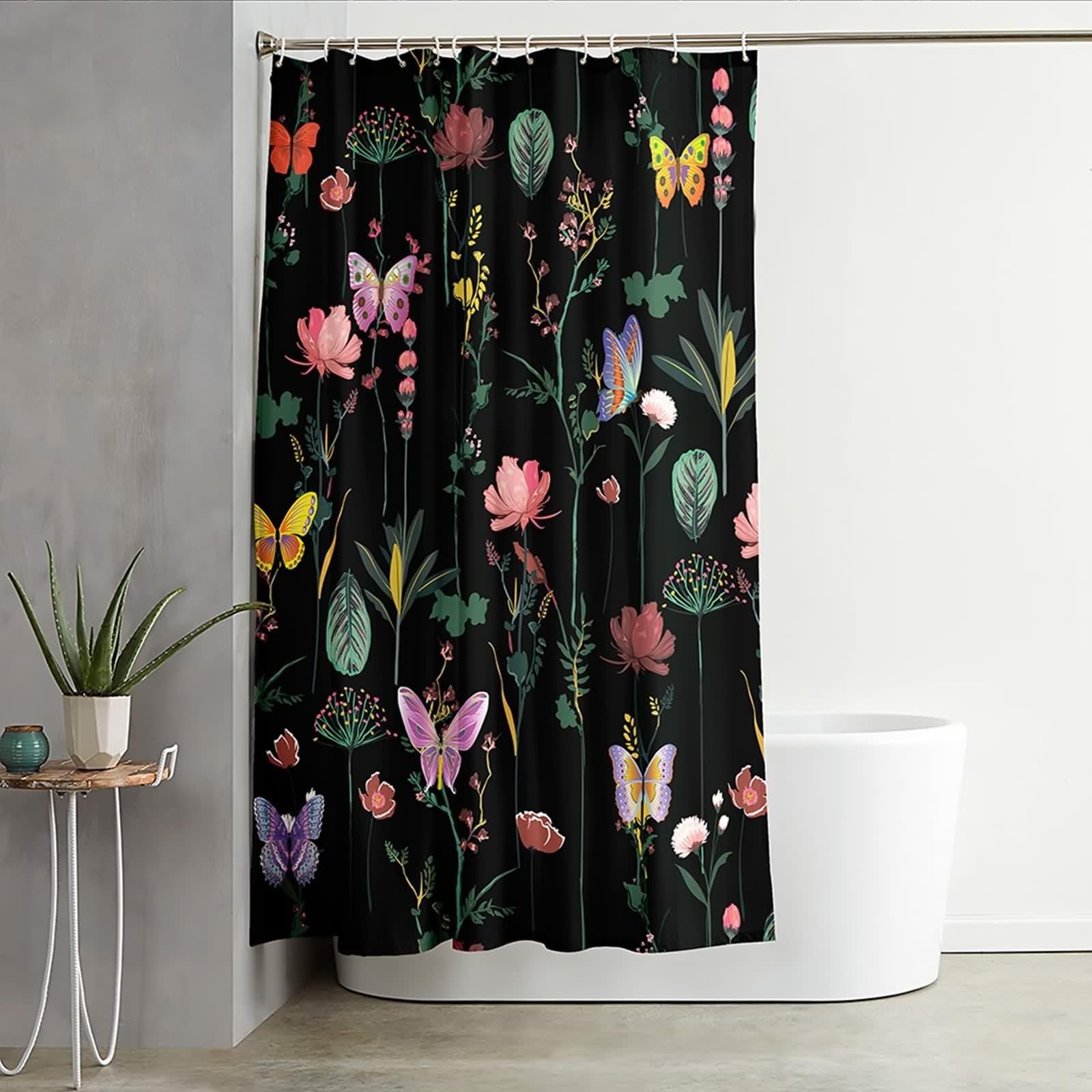 Duschvorhang Schwarz Bunt 300x200 cm Wasserdicht Waschbar, Blumen Schmetterlinge Muster Badvorhang Polyester Waschbar Stoff 3 x 2m Lang(BxH) mit Duschvorhangringen