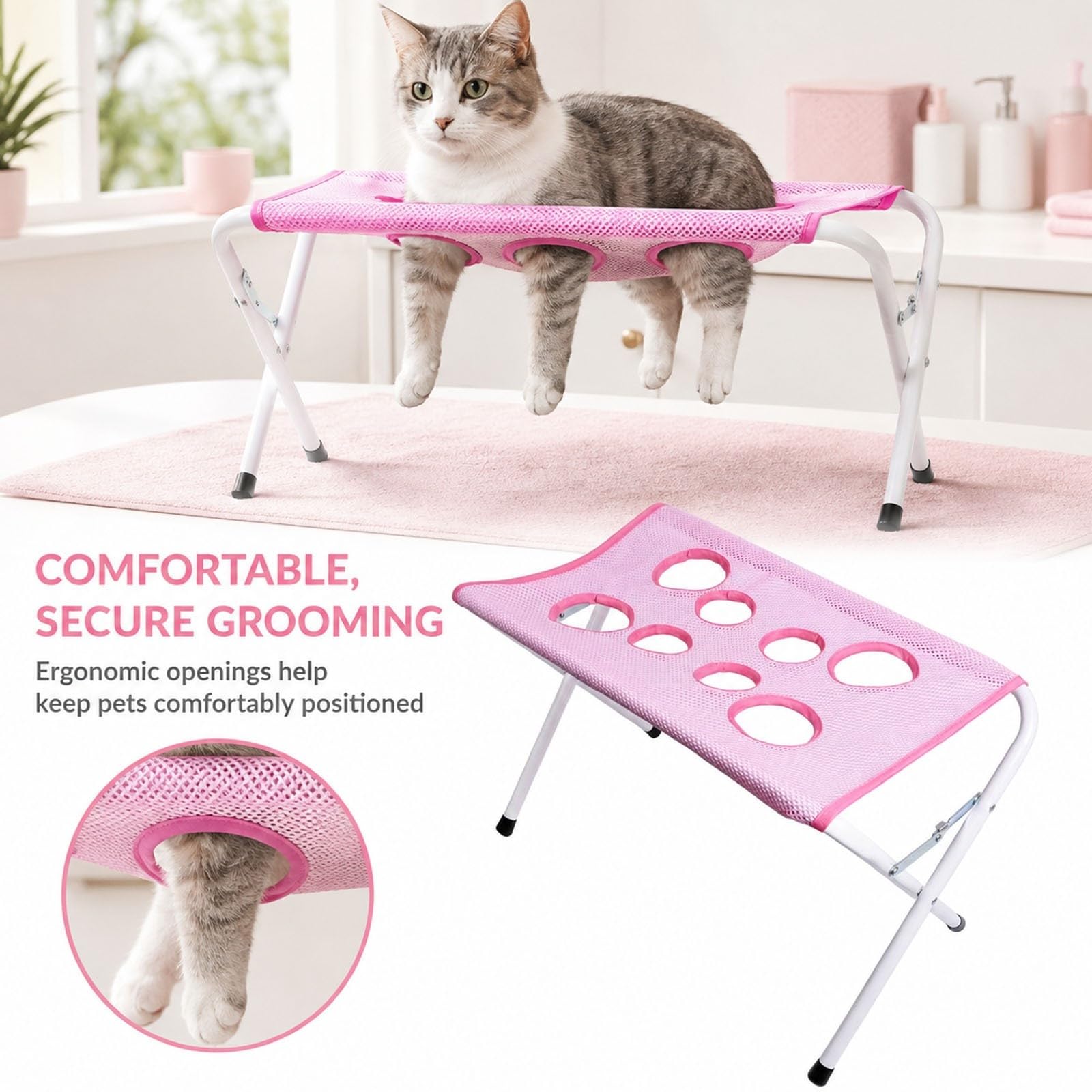 Table de Bain pour Chien Pliable, Station de Toilettage pour Animaux | Avec Surface En Filet Et Sangle De Sécurité, Support De Lavage Portable Pour Petits Et Moyens Chiens Et Chats(Pink)