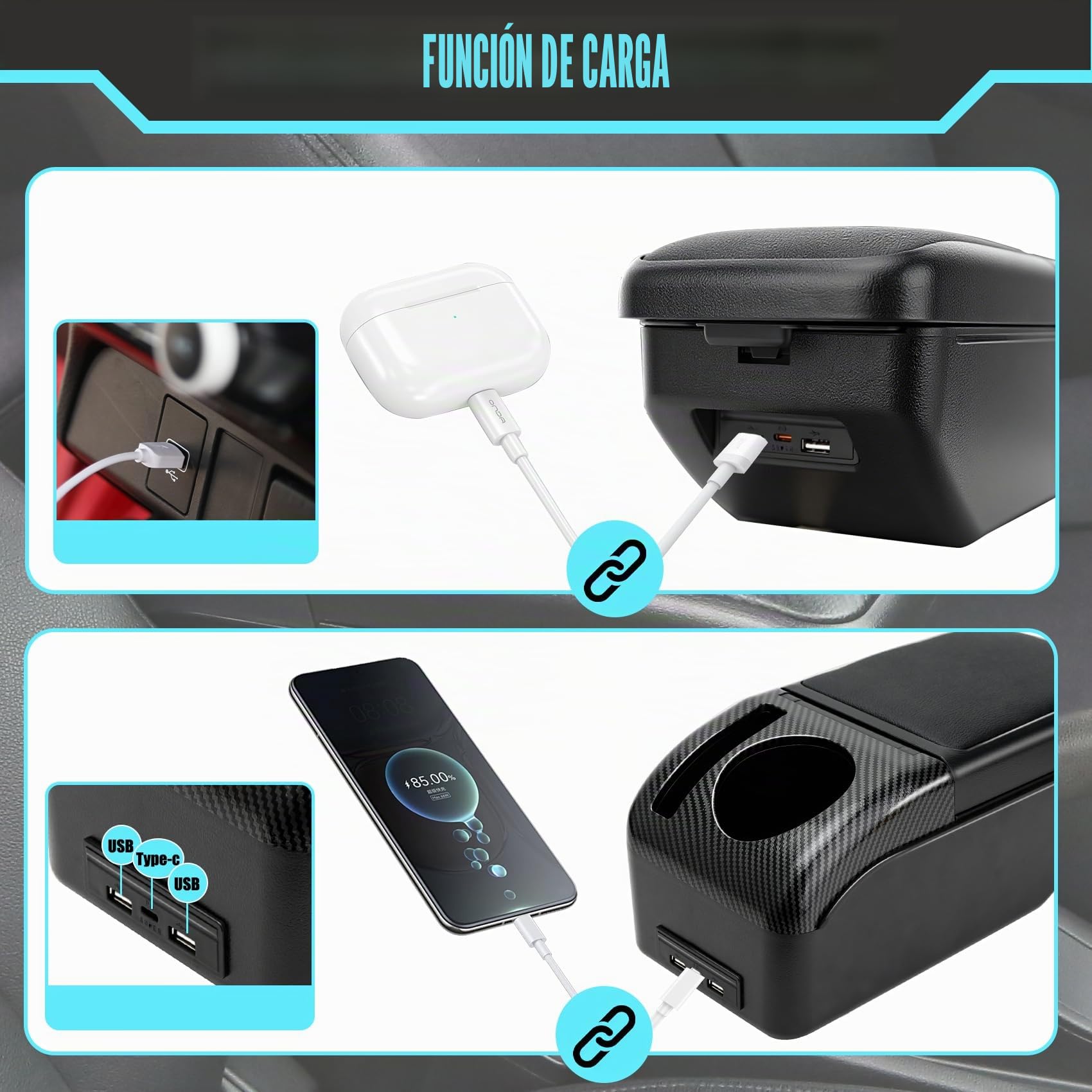 Apoyabrazos Para Citroen C3 MK3 2016-2024 Apoyabrazos Coche Consola Reposabrazos Central Almacenamiento Negro Cuero Tapizado Caja