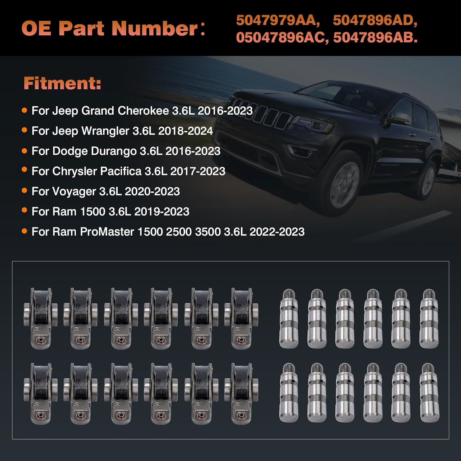 12PCS Intake Lifter & Rocker Arm Replacement for Dodge Challenger Charger Journey for Chrysler 300 for Jeep Wrangler for Ram 1500 3.6L 2016-2024 Replace 5047979AA, 5047896AD (12PCS)