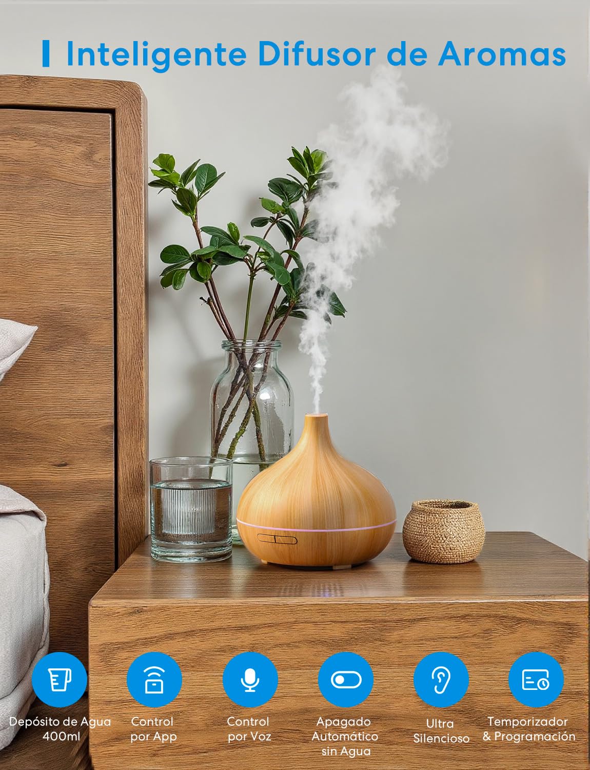 Meross Smart Humidificador Pequeño | 400ML & Sin BPA | Función de Temporización | Control por Voz y Control Remoto | Inteligente Difusor de Aromas | Compatible con Apple Home, Alexa y Google Home