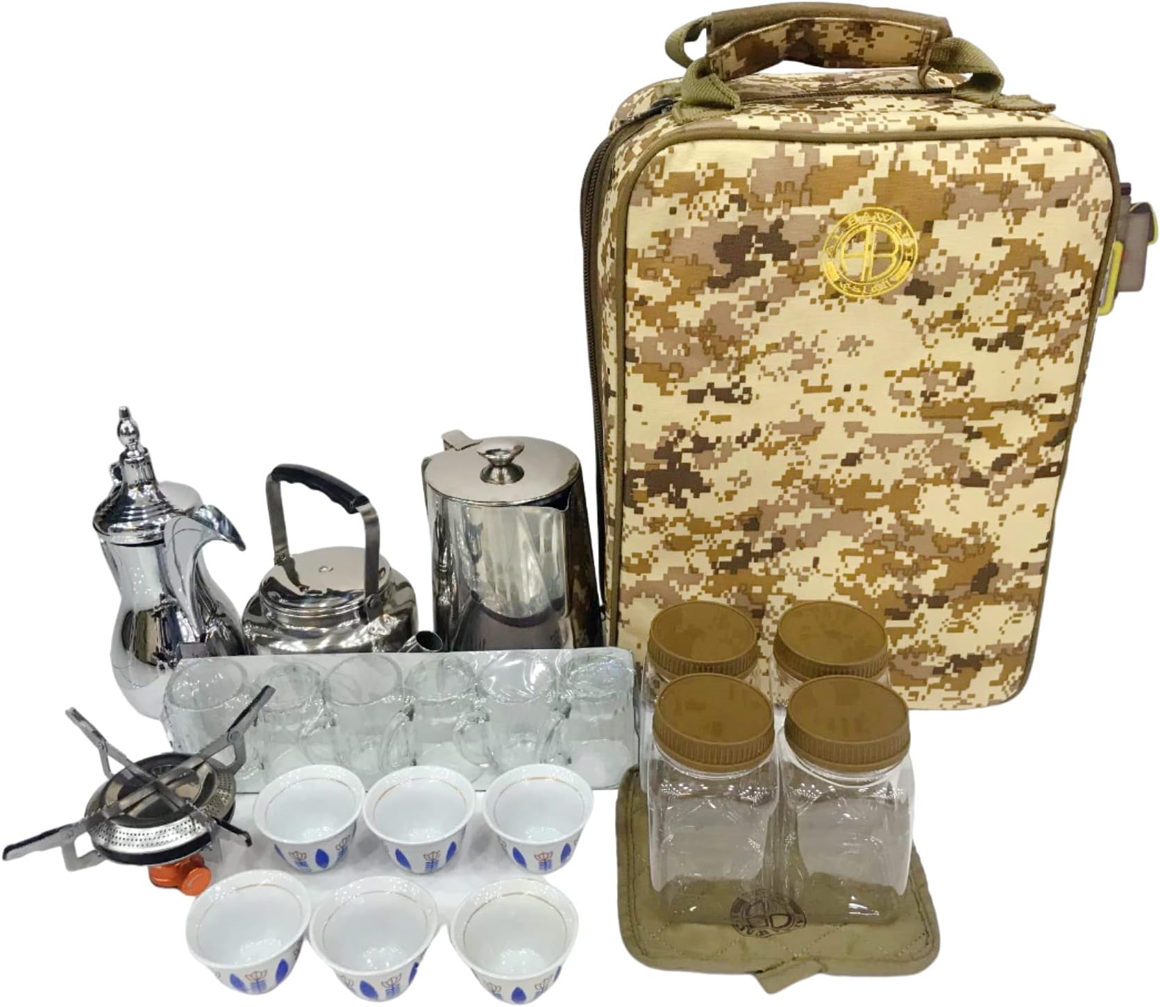 ALBAWADIArabic Camping Tea Coffee Kits with Stove Teapot Cup Windboard Bag Sets