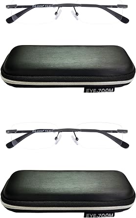 2 Pack Unisex Rimless Metal Frame Reading Glasses with Case for Men and Women