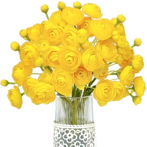 Letjolt Artificial Ranunculus Flower Yellow, 18 Pcs | Silk Flower,