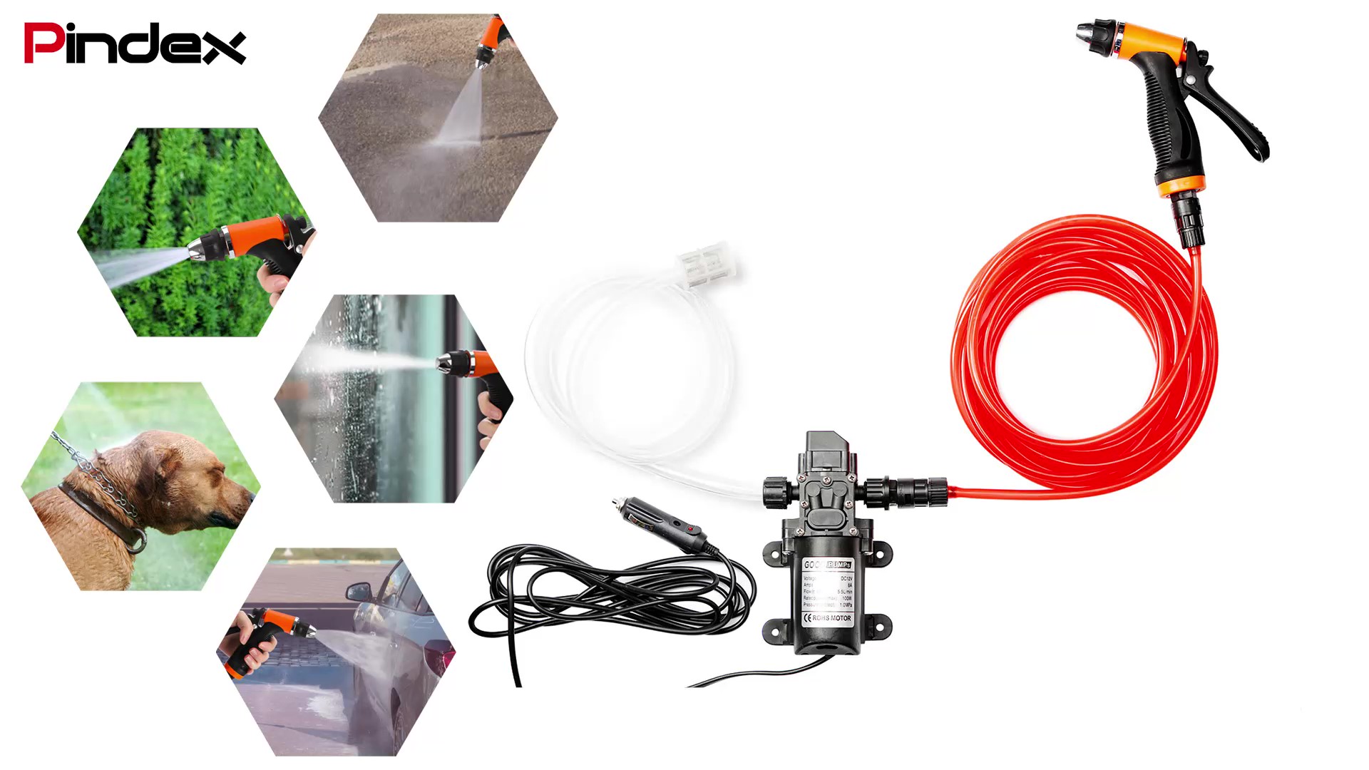 Pindex Pompe à Eau 12V 100W Avec Pistolet - Kit Lavage Voiture Camping Bateau Haute Pression