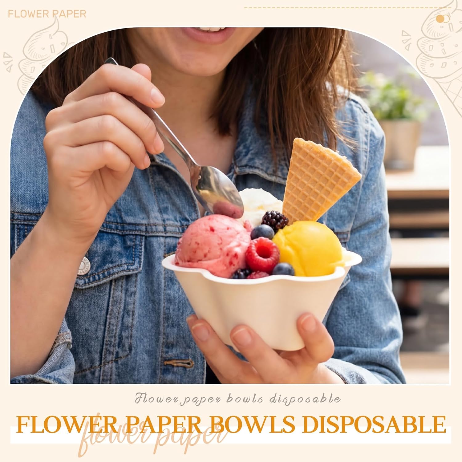 Honeydak 50 Pcs Ice Cream Bowls Compostable Flower Shape Paper Bowls 8 oz Heavy Duty White Disposable Flowers Cone Cups for Dessert Cake Snack Summer Wedding Birthday Party Supplies(Classic Flower)