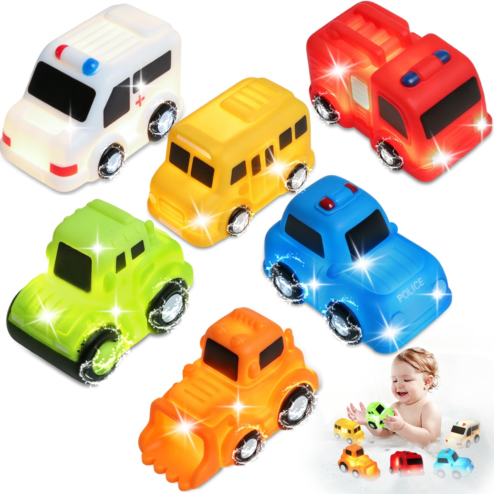 BelleStyle Baby Car Light Up Bath Toys, No Hole Bathtub Toy for Kids 1 2 Year Old Boys Gifts, Water Activated with 7 Flashing LED Colorful Lights Pool Sensory Toys Shower Gifts for Toddlers Age 1-3
