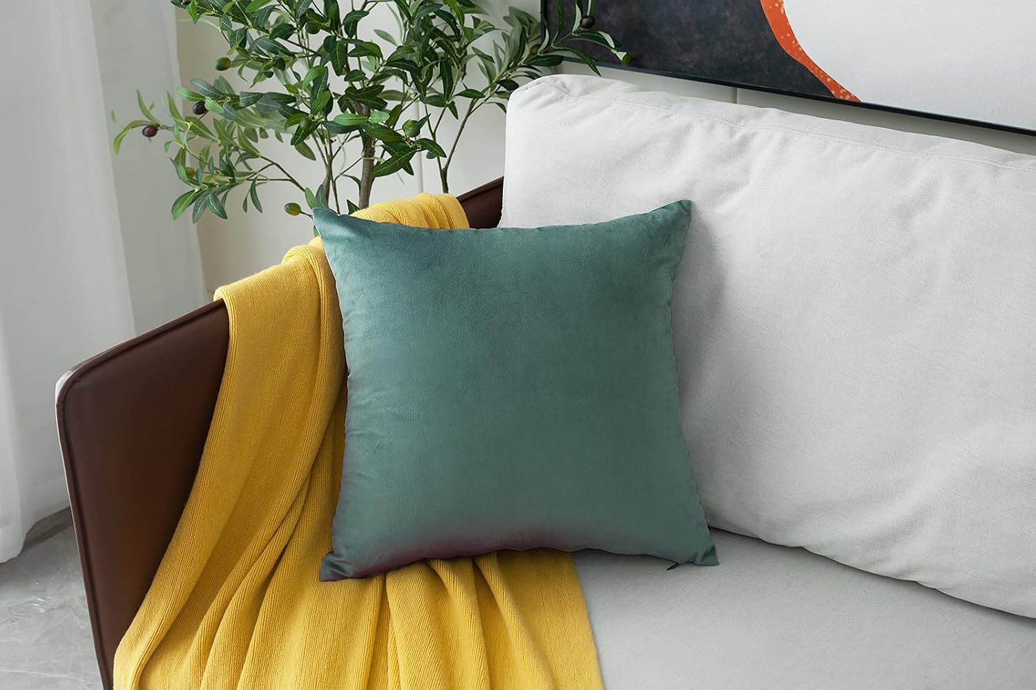 MUDILY One Piece Velvet Soft Decorative Square Throw Pillow Covers Cushion Case Decor Handmade Pillowcases for Chair Bedroom Sofa Car, Grey Green 24 x 24 Inch 60 x 60 cm