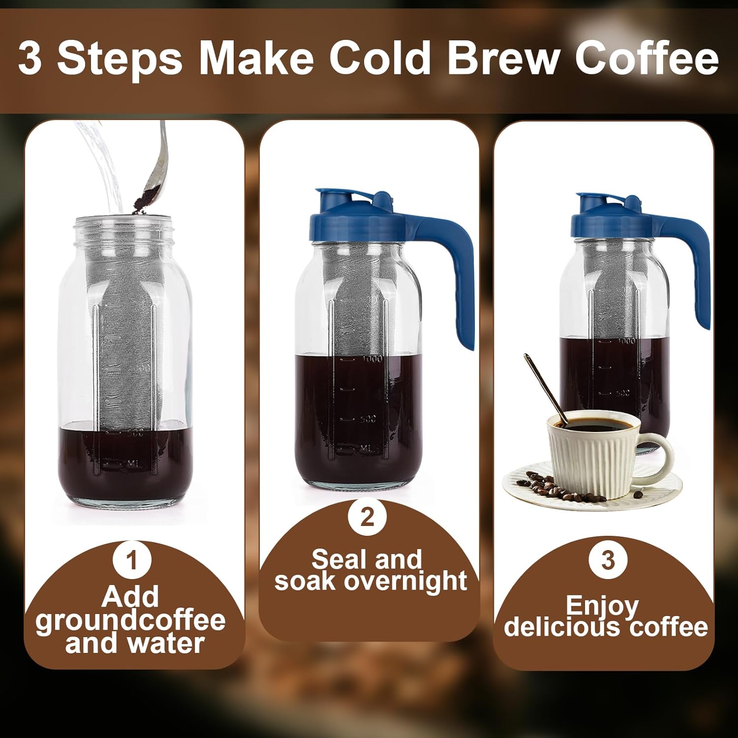 Cold Brew Coffee Maker Pitcher,32 Oz Glass Mason Jar Pitcher with V-shaped Pour Spout Handle Lid,Stainless Steel Filter for Iced Coffee,Iced tea,Breast Milk,Fruit Drinks,lemonade-Blue - Image 4
