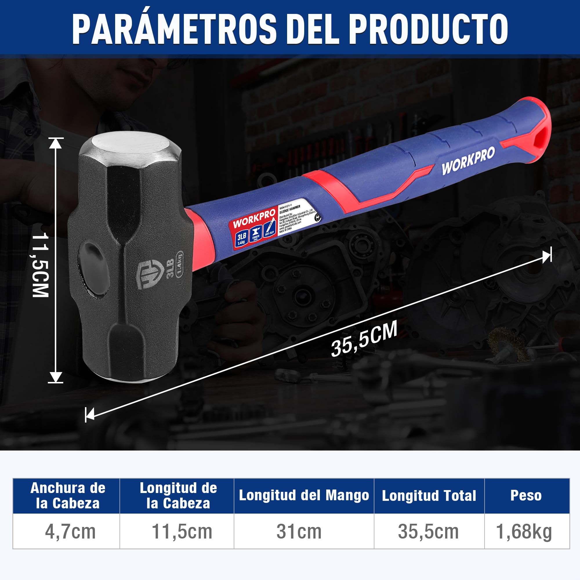 WORKPRO Martillo de Club de 3 LB/1,4 KG con Mango de Fibra de Vidrio, Martillo de 35,5cm, Cabeza de Acero Forjado y Tratado Térmicamente, para Construcción, Roca, Carpintería, Cincelado, Hogar