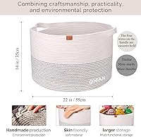 Vista 3 de Cesta de Lavandería Extra Grande 22" X 22" X 14" XXXL Cesta Tejida de Cuerda de Algodón para Mantas Cesta de Almacenamiento con Asas para Sala