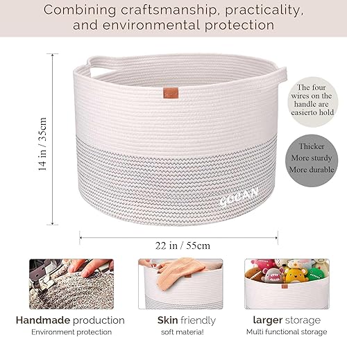 Miniatura 3 de Cesta de lavandería extragrande de 22 x 22 x 14 pulgadas, cesta tejida de cuerda de algodón XXXL para mantas, cesta de almacenamiento con asas para