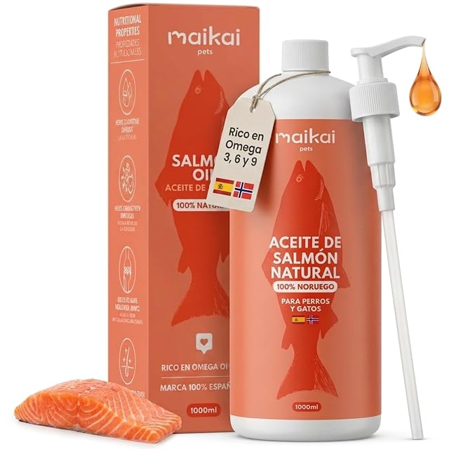 MAIKAI Aceite de Salmón 100% Natural para Perros y Gatos 1L Rico en Omega 3 6 y 9 Refuerza Articulaciones…