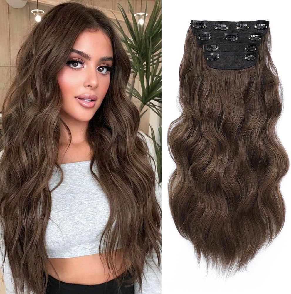 Hair Extensions Clip in 4PCS Medium Brown 20Inch Hair Extension Long Wavy Full Head Clip in Hair Extension Synthetic Fiber Hair Pieces for Women